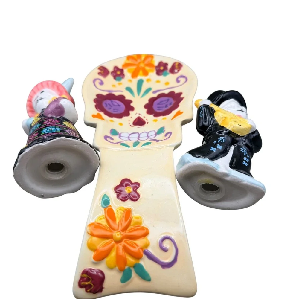 Day of the Dead Sugar Skull Spoon Rest and Calavera Salt Pepper Shaker Set 3pc
